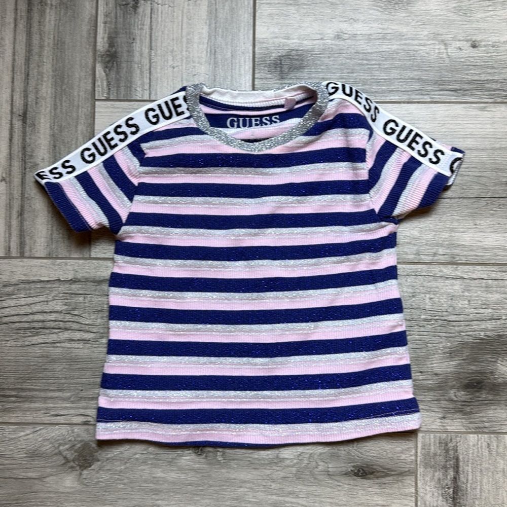 Guess Kids Striped Short Sleeve Metallic Crew Neck Rib-Knit T-Shirt Pink Size 2